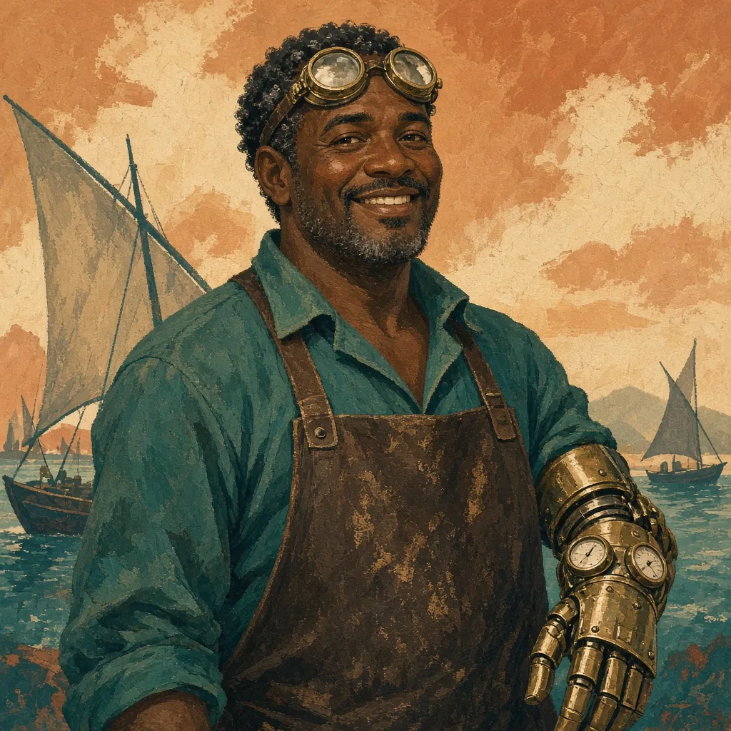 Kodjo "Brass" Anan, a broad-shouldered engineer with goggles and a prosthetic brass forearm.