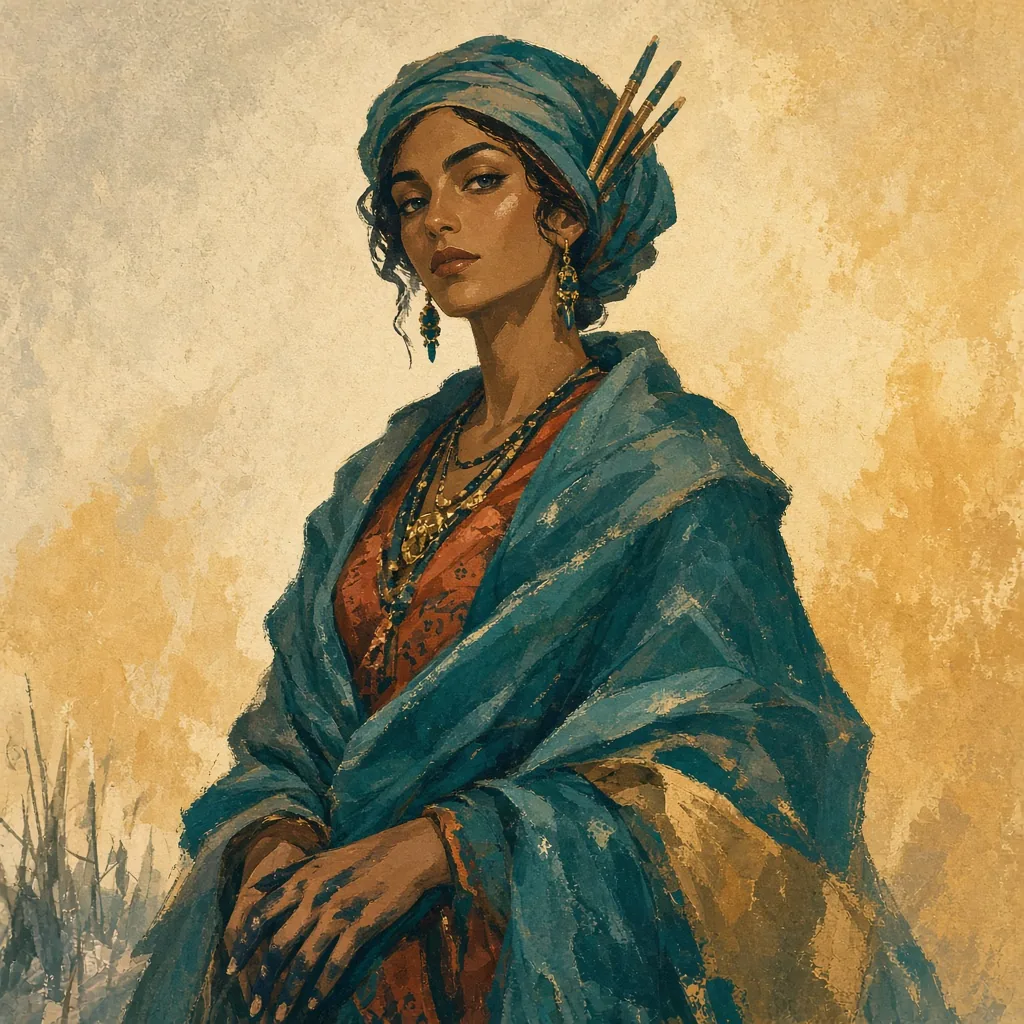 Mirela of the Reed Tongue, a tall woman in layered teal shawls with reed pens in her hair-wrap.
