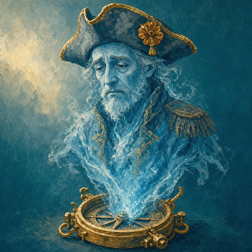 Old Hesper, a translucent elderly captain made of blue lamplight rising from a brass compass.
