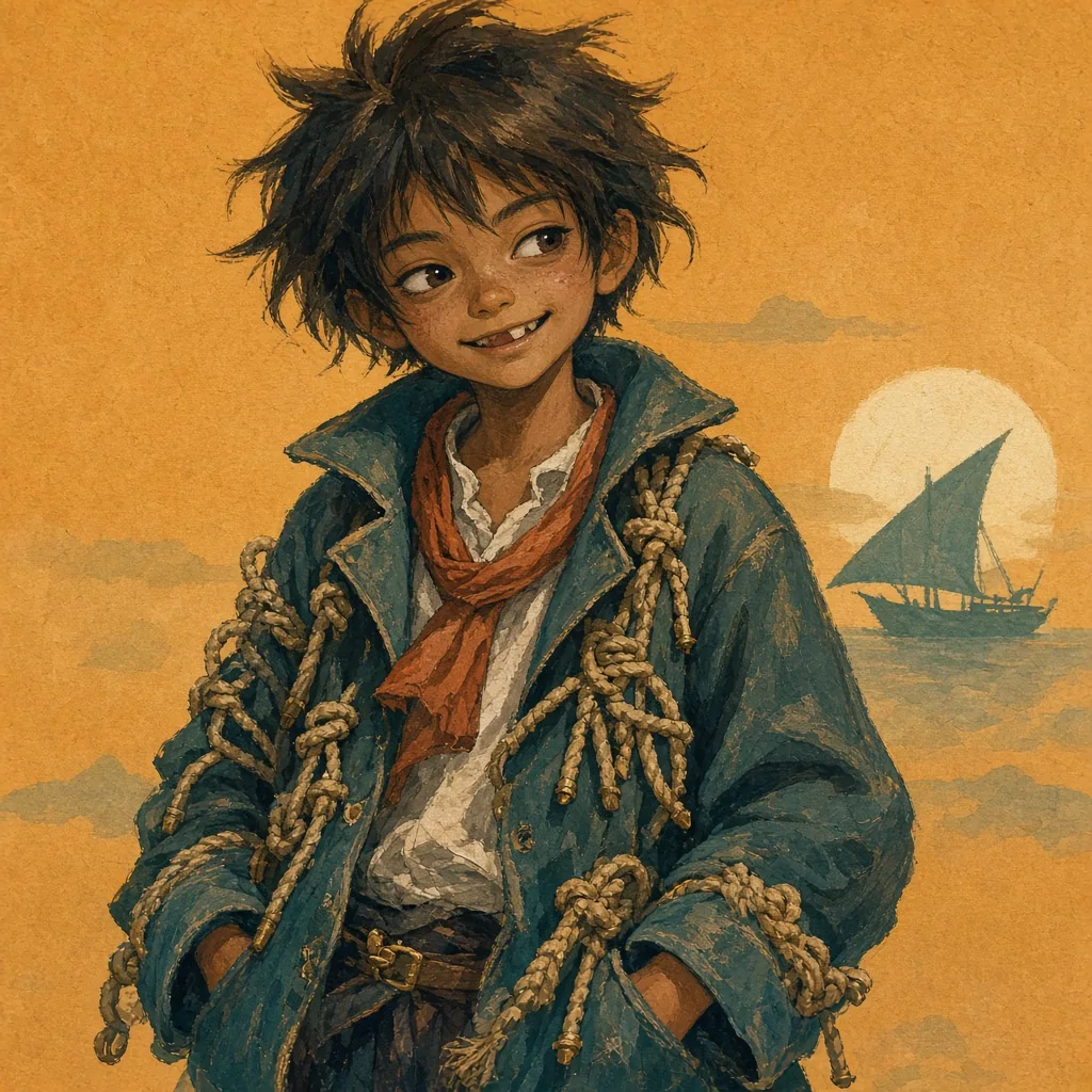 Pip of Nine Knots, a small barefoot child in an oversized sailor's jacket covered in knotted rope.