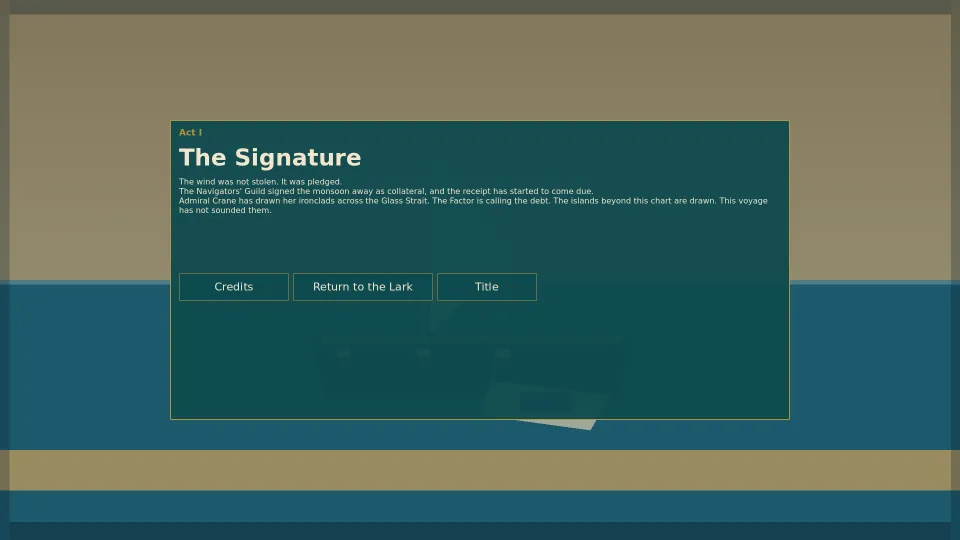 The end-of-act card, “Act I: The Signature”, with buttons for Credits, Return to the Lark and Title.