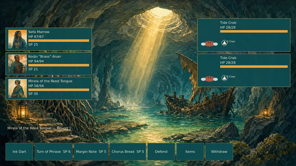 Turn-based battle in a sunlit sea cave: Sefa, Brass and Mirela's cards on the left, two Tide Crabs showing their next move on the right, and Mirela's actions along the bottom.