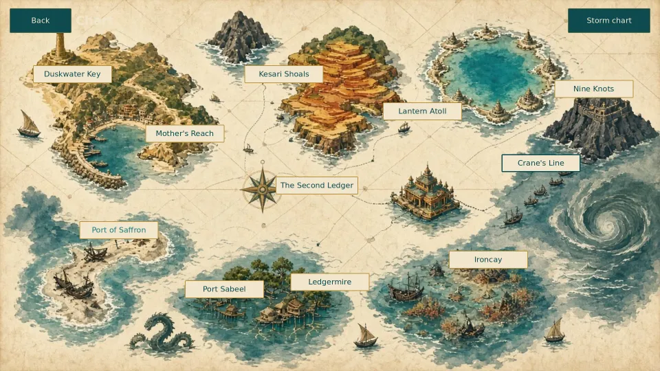 The sea chart: a painted bird's-eye map of the archipelago with labelled islands including Port Sabeel, Kesari Shoals, Lantern Atoll, Ironcay and Ledgermire, and a storm spiral at the edge.