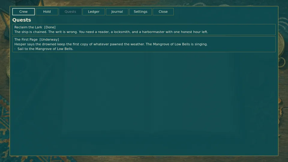 The journal's quest page: Reclaim the Lark marked done and The First Page underway, with its next objective.