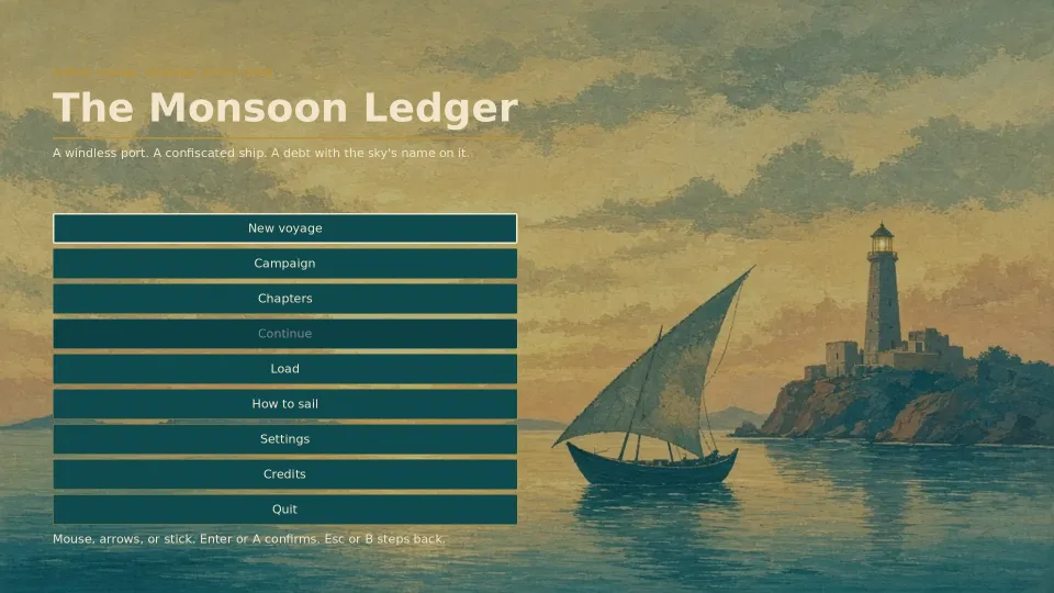 The title screen: “The Monsoon Ledger” over a painted lighthouse and a lateen-sailed boat on a calm golden sea, with menu buttons for New voyage, Campaign, Chapters, Load and Settings.