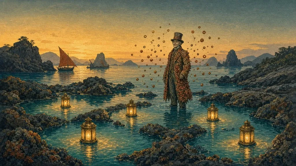 Lantern-lit tidepools at dusk, a tall figure in a frock coat standing in the water.