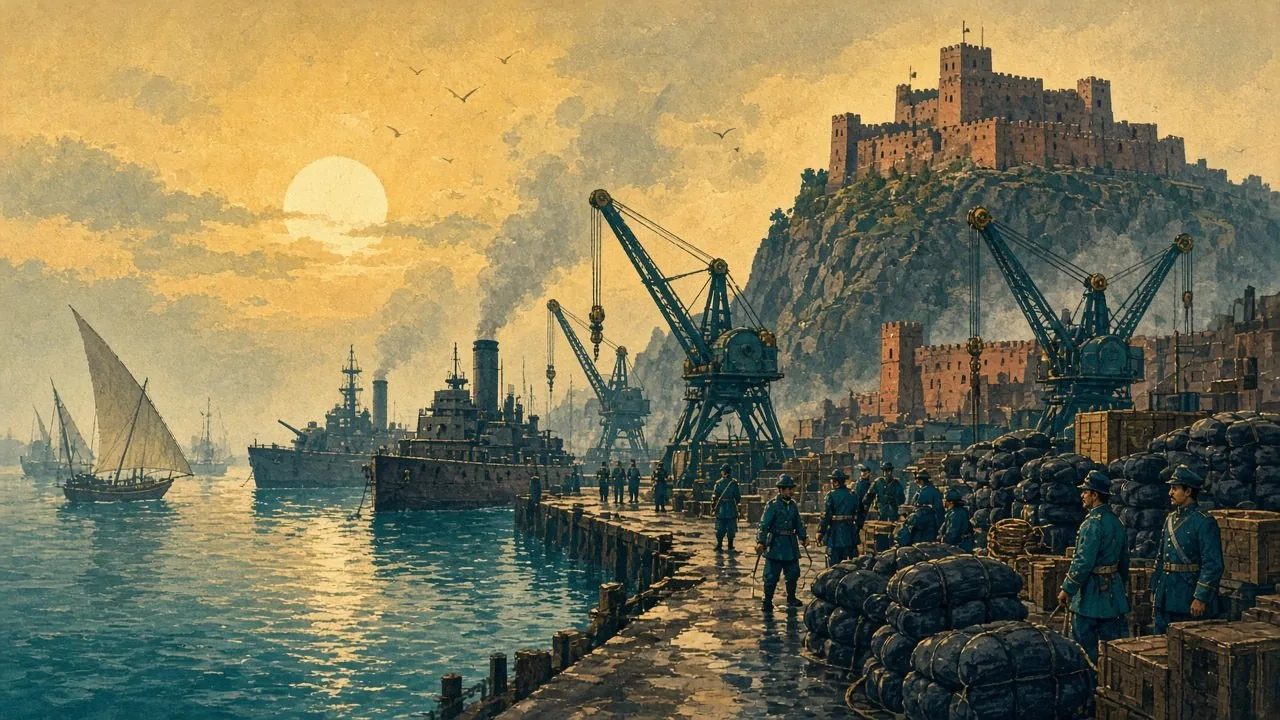Coaling docks and ironclad warships under a smoky sky.