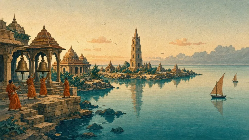 Bronze bells on a reef temple at dawn.