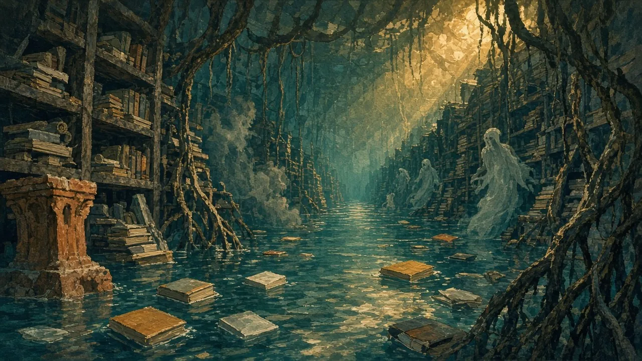 A half-flooded archive of ledgers among mangrove roots.