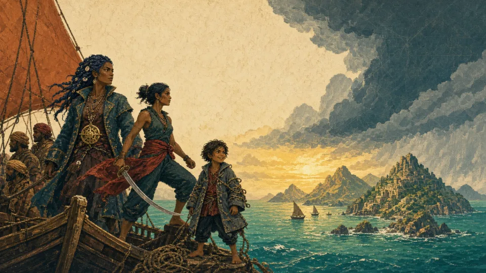 Key art: Captain Sefa Marrow, Juno Talwar and Pip at the prow of a lateen-sailed ship, facing a storm wall over a chain of islands.